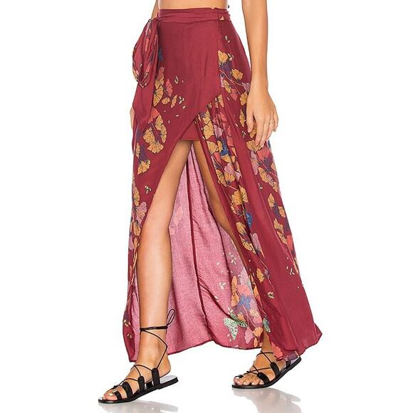 Free People Dresses & Skirts - Free People Bri Bri Butterfly Floral Maxi Skirt Side Slit in Red Combo | Size 4